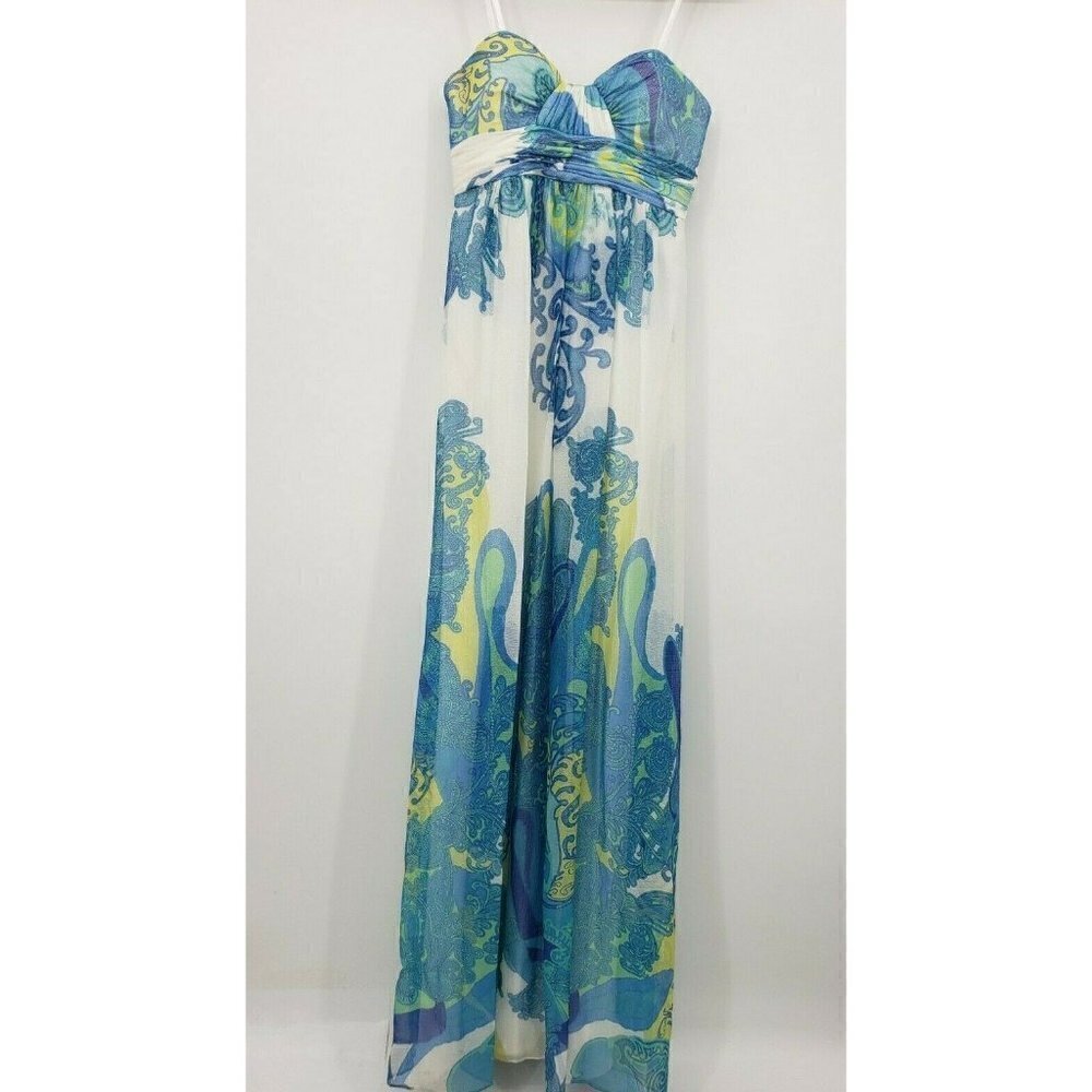 Cache Strapless Maxi Dress Womens 4 White Blue Paisley Silk Blend Built in Bra